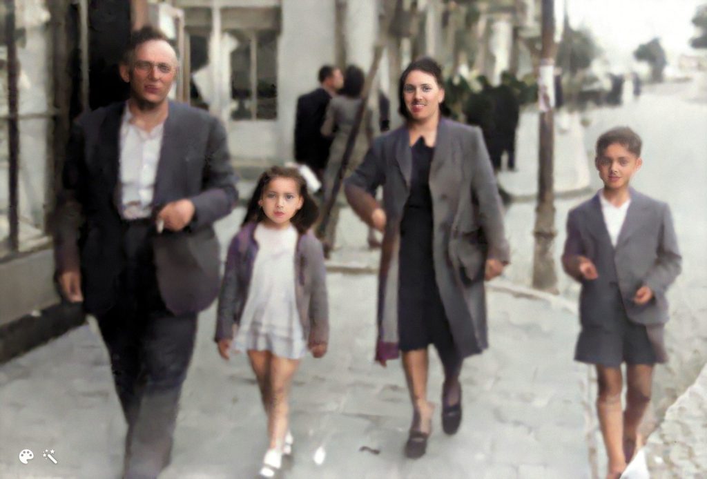 Isaac, Sarah, Rachel, and Mordecai Varsano walk the streets of Sofia, Circa 1938